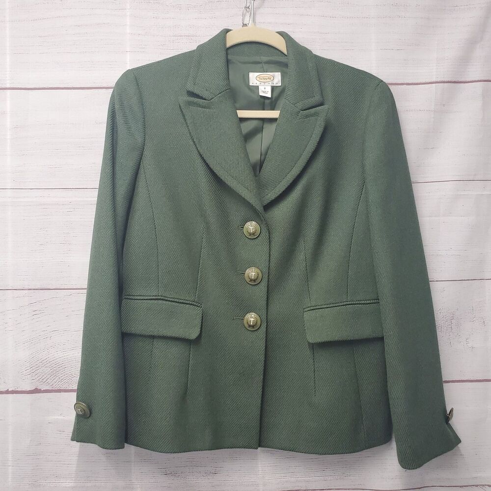 VTG TALBOTS Petites 100% Wool 3 Button Blazer Jacket 8P Army Green Womens READ
